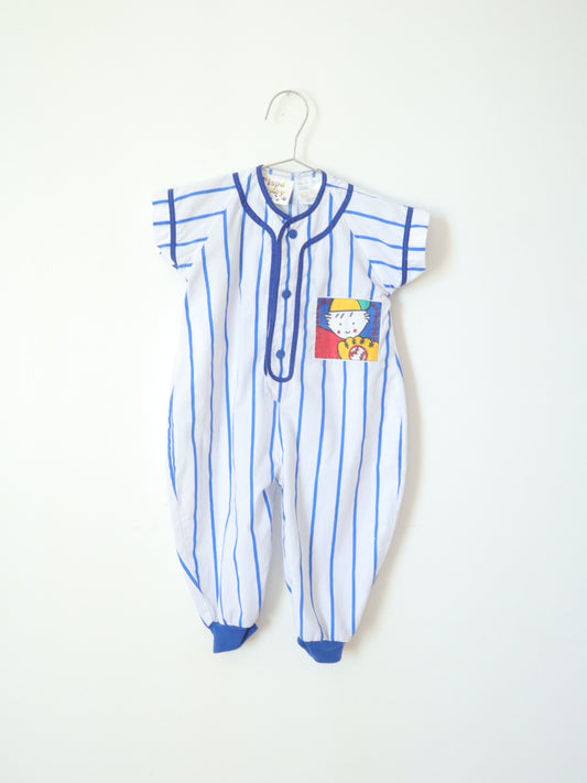 Vintage Blue Striped "Home run" Baseball Rompers / 18M