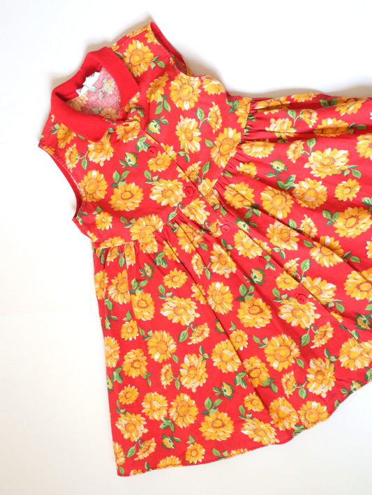 Vintage Sunflower Printed Summer Cotton Dress / 4-5Y