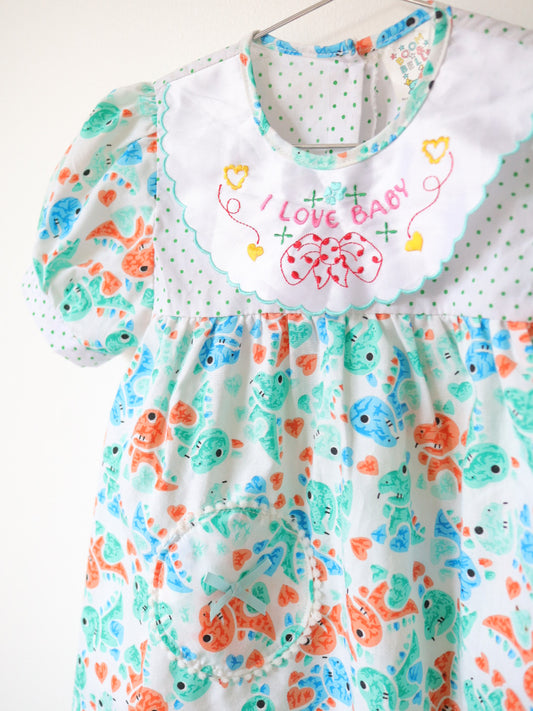 Vintage Dinosaur Green Polka Dot Dress / 24M
