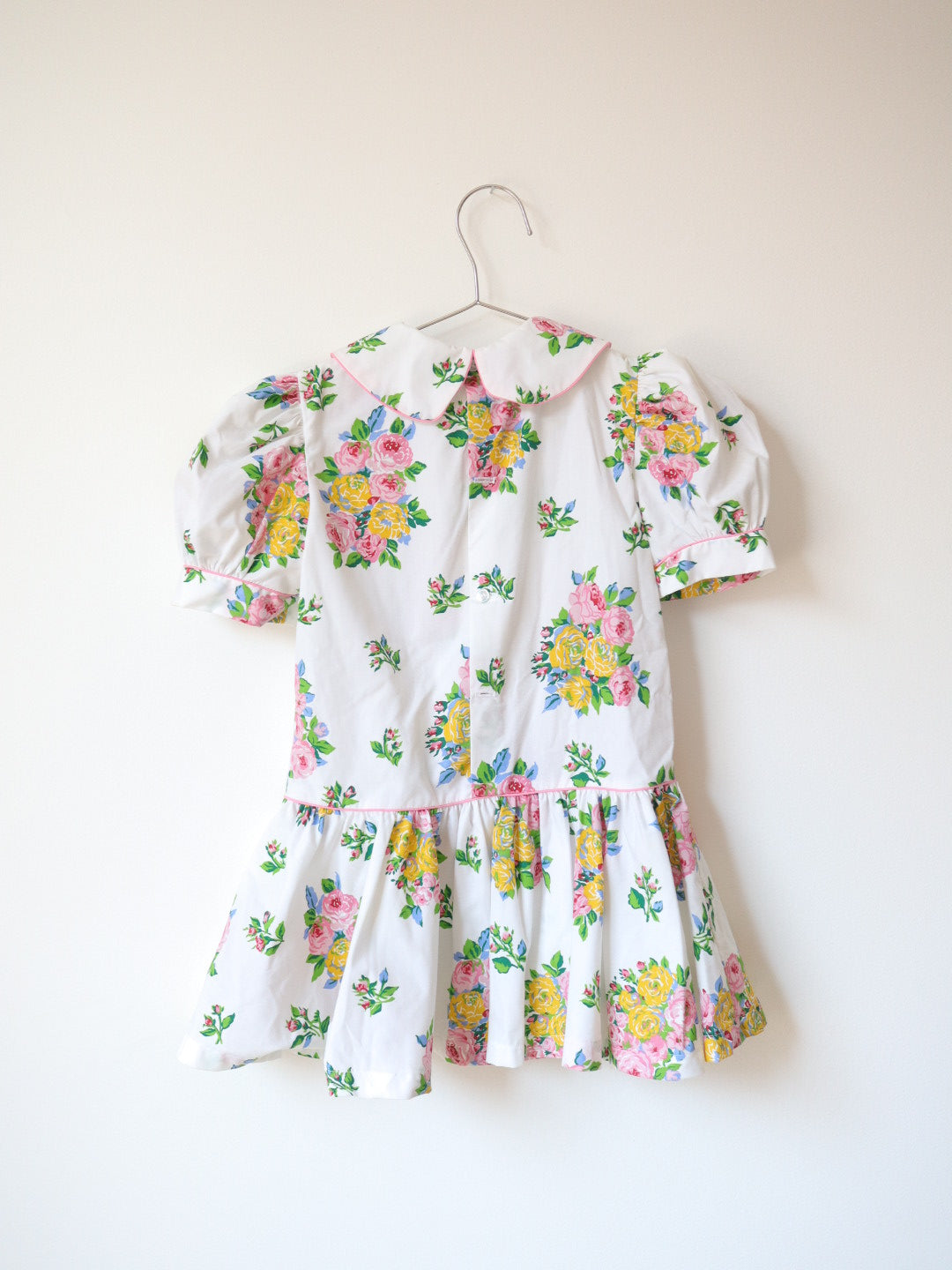 Vintage White Pink Rose Print Puff Sleeves Dress / 5Y