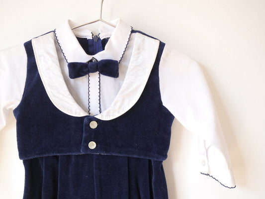 Vintage Navy Velvet Baby Formal Onesie Jumpsuits / 12-18M