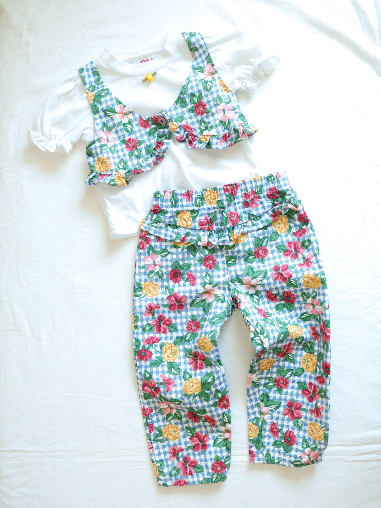Vintage Blue Gingham & Floral Tee+Pants SET / 3Y