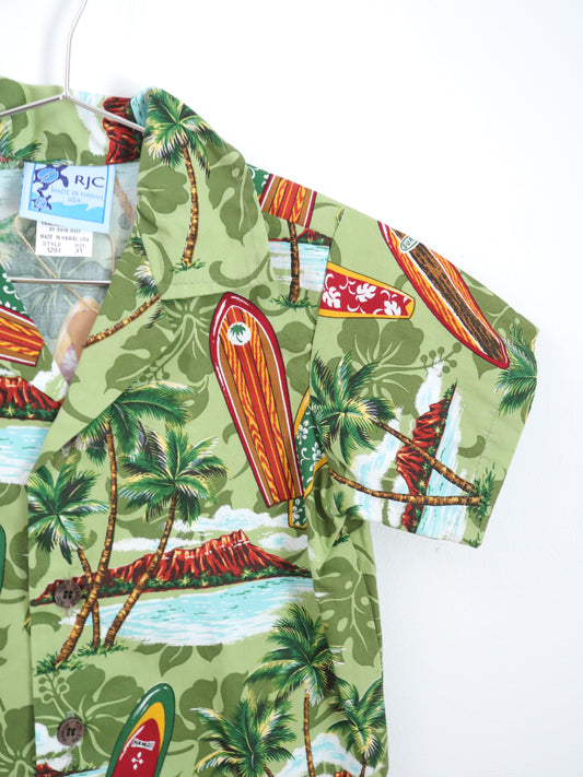 Retro Green Hawaiian Shirt / Made in USA / 3Y