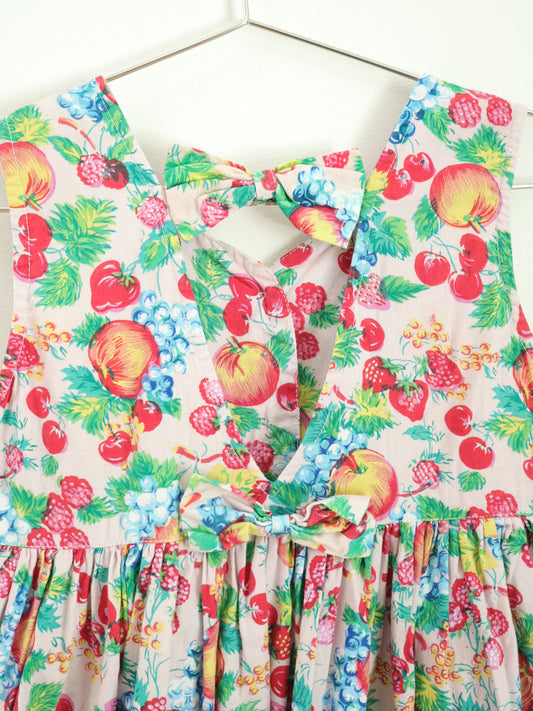 Vintage Pink Fruits Print Back Bows Dress / 4Y