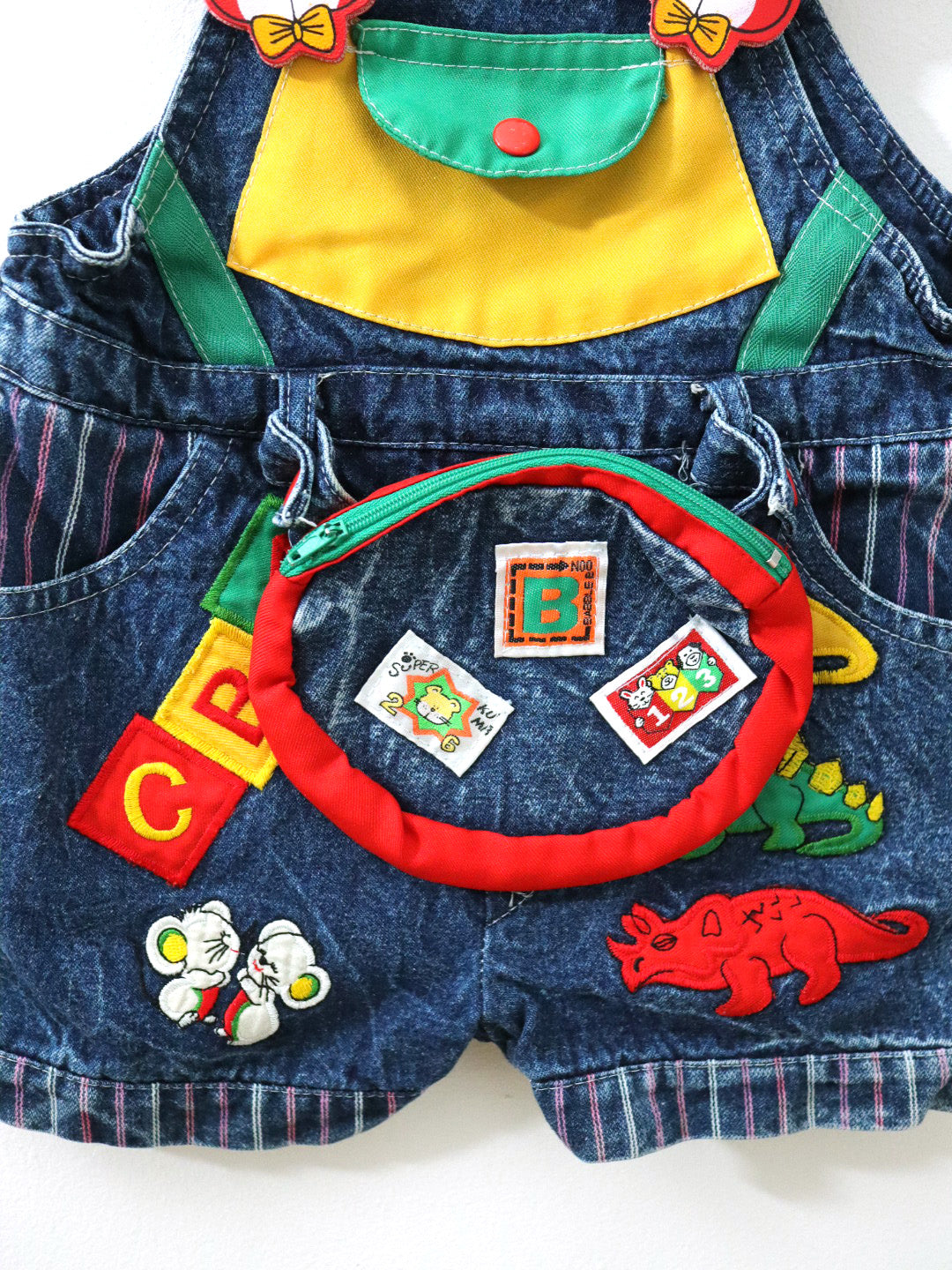 Vintage 80s Multi Colour Block Denim Short Overall / 2Y