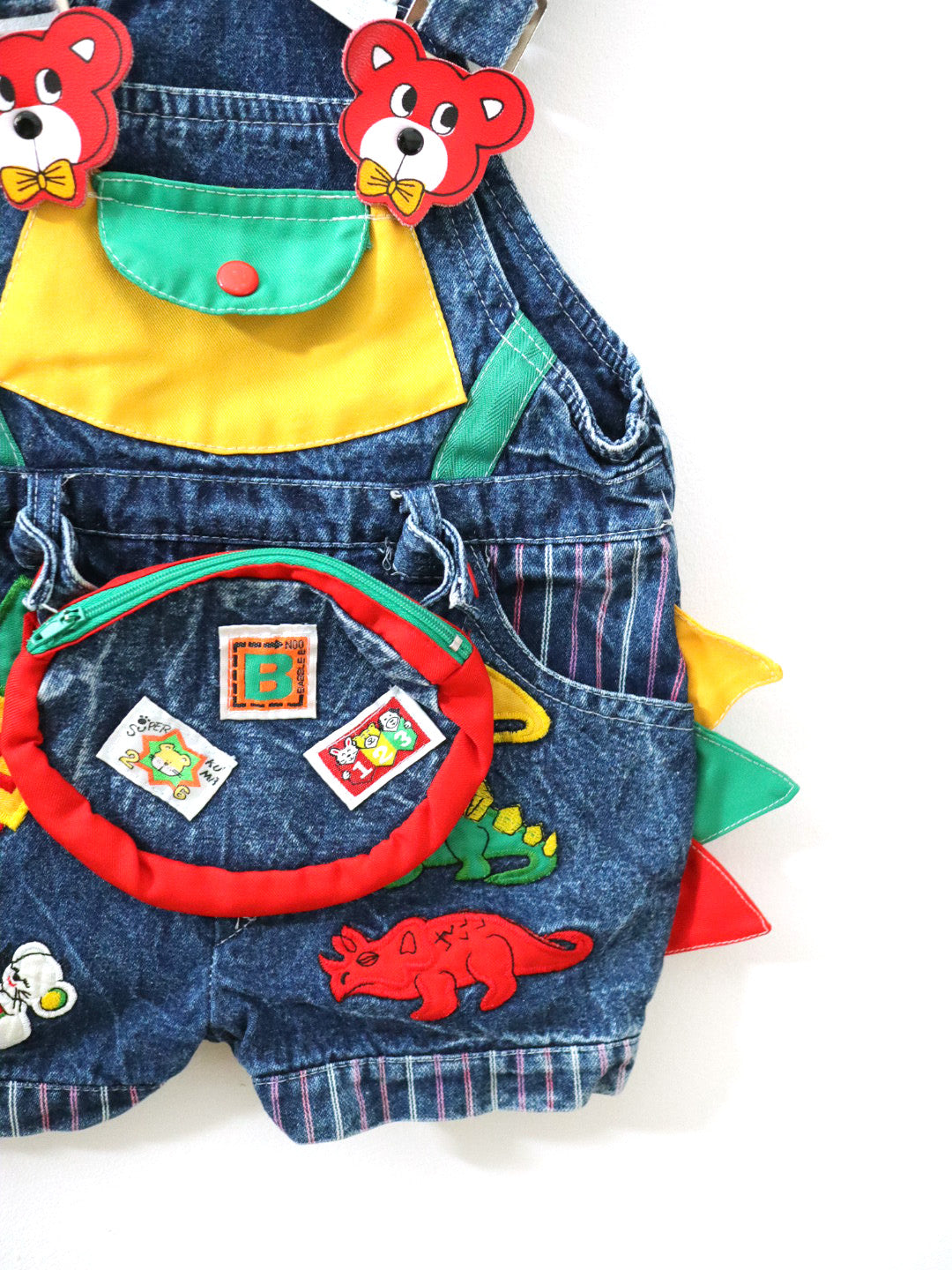 Vintage 80s Multi Colour Block Denim Short Overall / 2Y
