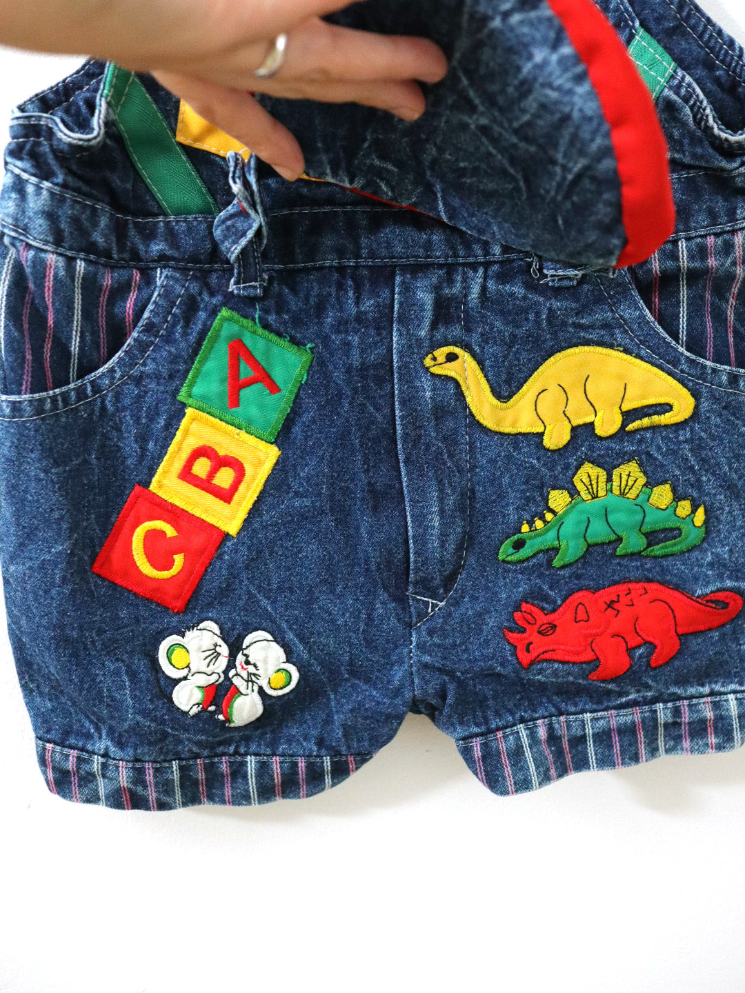 Vintage 80s Multi Colour Block Denim Short Overall / 2Y