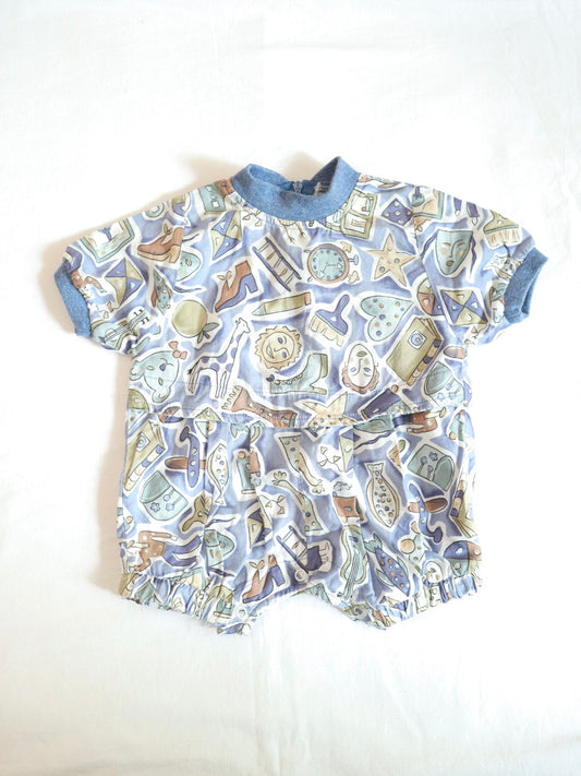 SET of 2 Vintage Baby Retro Print Short Rompers / 6M