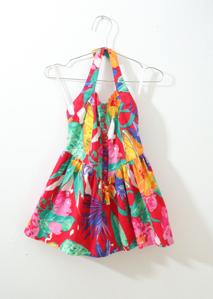 Vintage Red Summer Floral Halter Neck Dress / 4Y