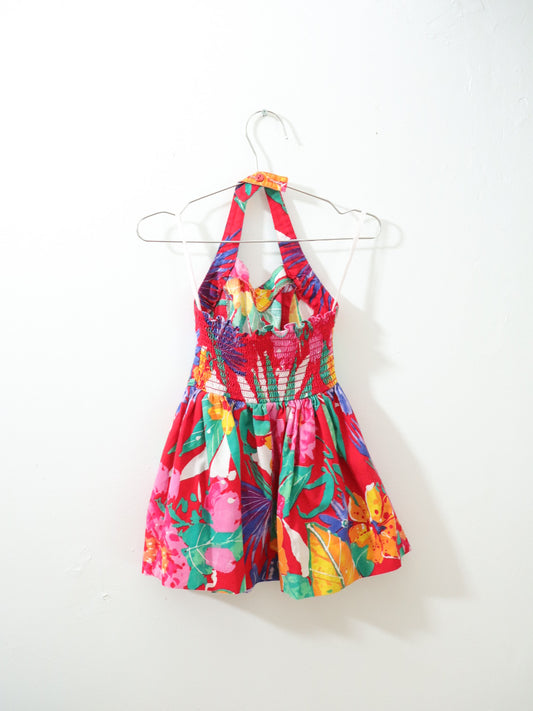 Vintage Red Summer Floral Halter Neck Dress / 4Y