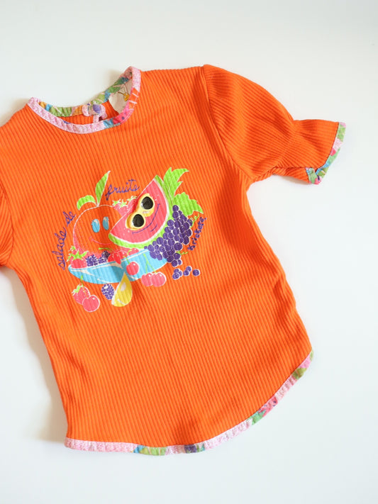 Vintage Orange Fruits Print Tee + Green Plaid Skirt SET / 18-24M, 2Y