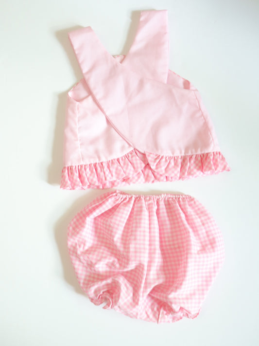 Vintage Birds Embroidered Pink Baby Top + Shorts Outfit SET / 12M