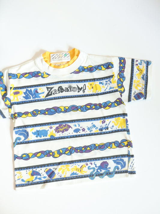 Vintage 90s Animal Print Striped Tee / 3-4Y