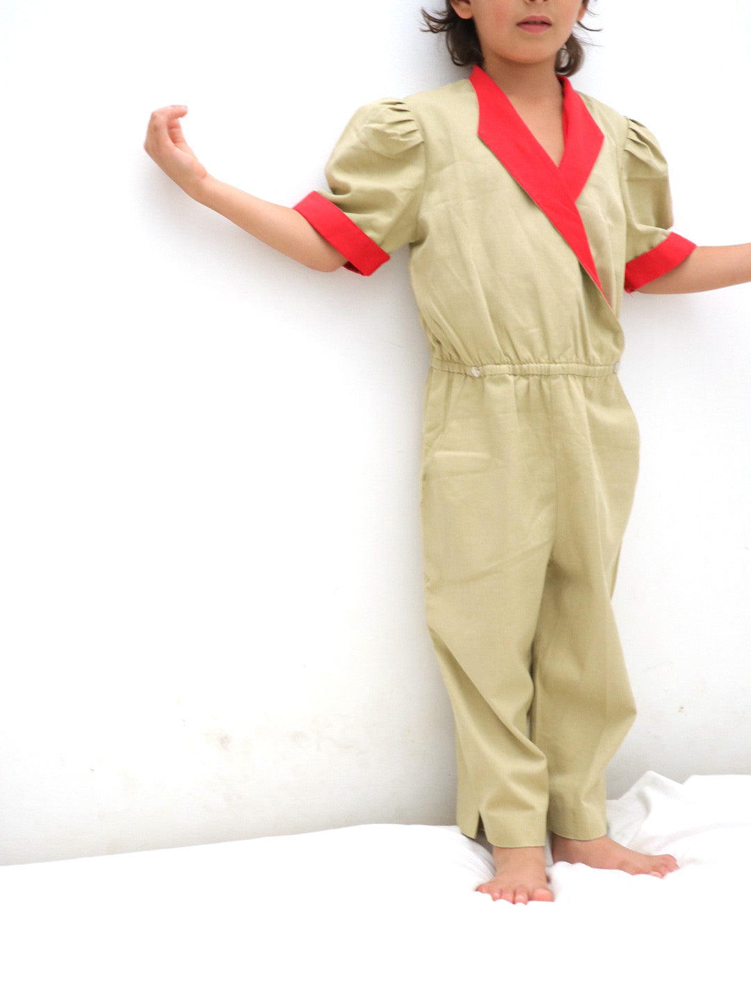 Vintage Beige Puff Sleeve Jumpsuits / 5-6Y