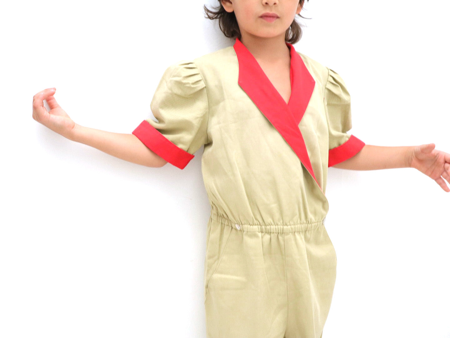 Vintage Beige Puff Sleeve Jumpsuits / 5-6Y
