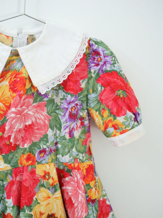 Vintage Floral Big Collar Dress / 3-4Y