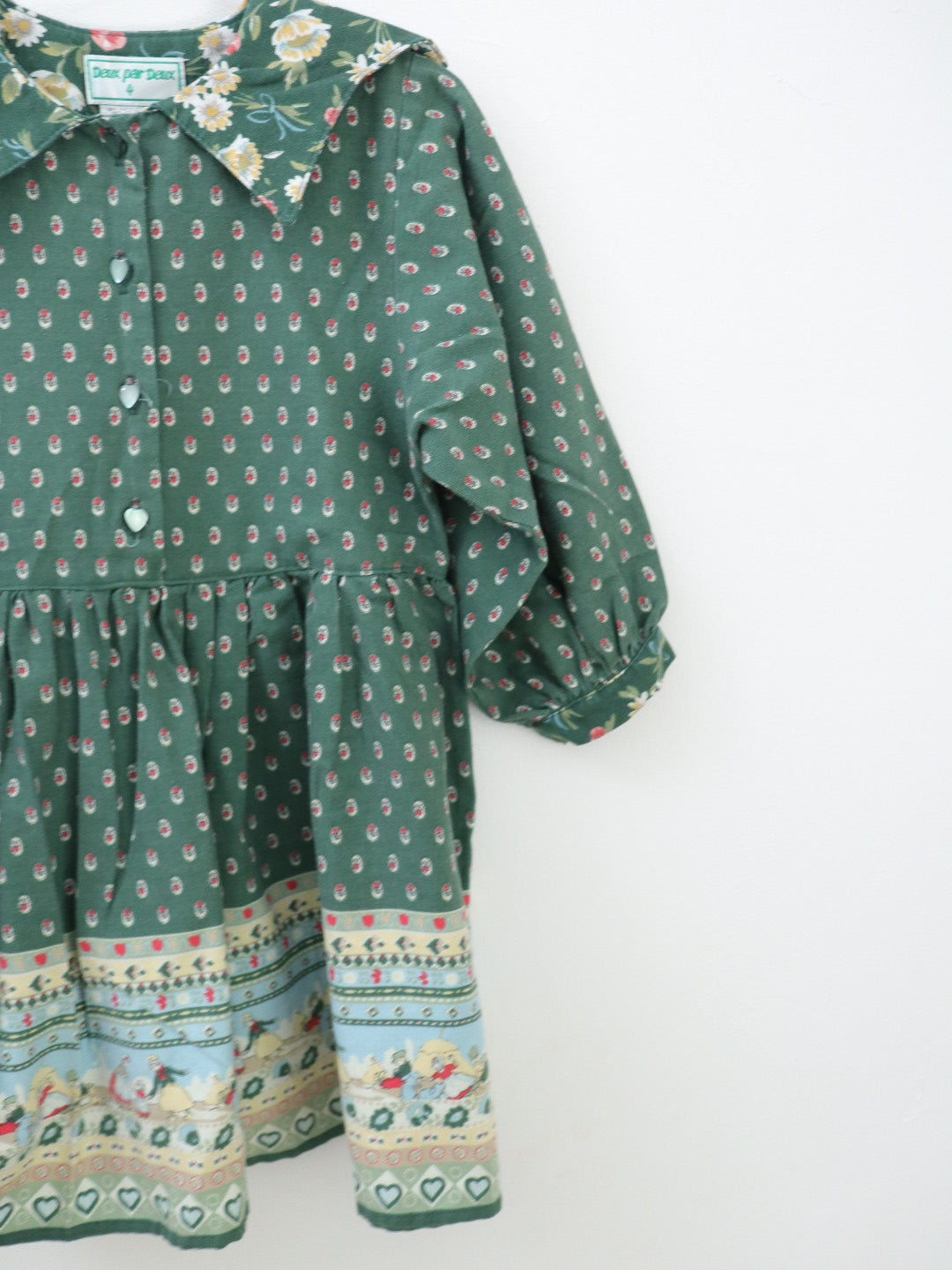 Vintage Deux par Deux Green Girls Print Dress / 4-5Y
