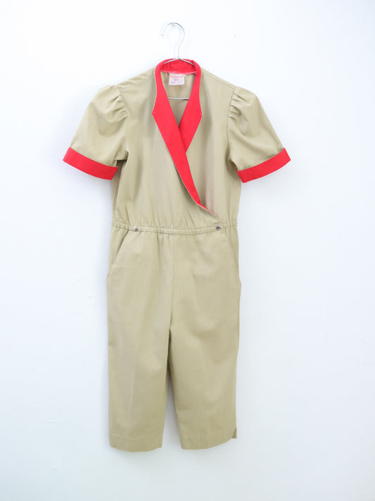 Vintage Beige Puff Sleeve Jumpsuits / 5-6Y