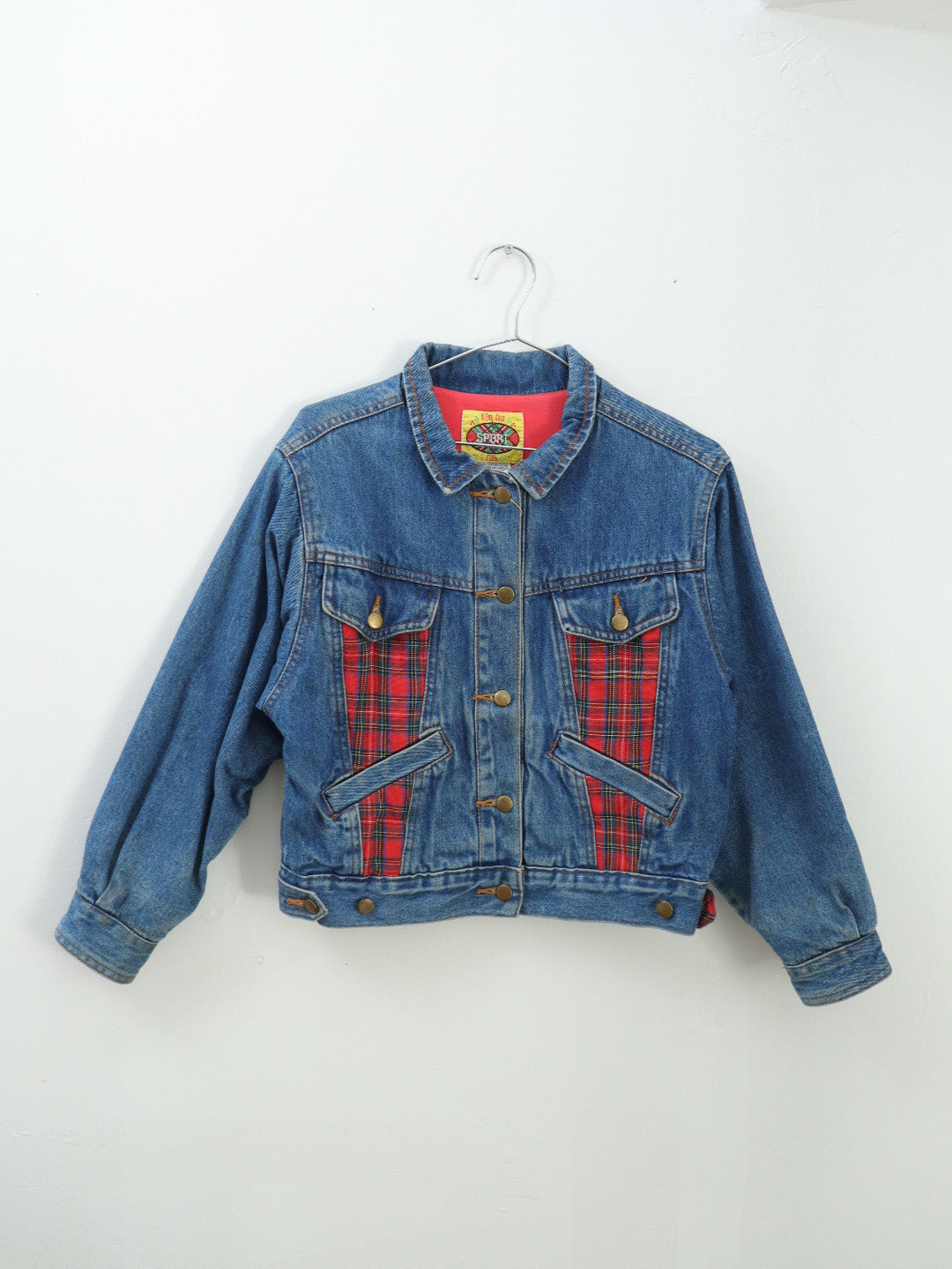 Vintage Denim & Red Plaid Oversized Jacket / Size 8-10Y+