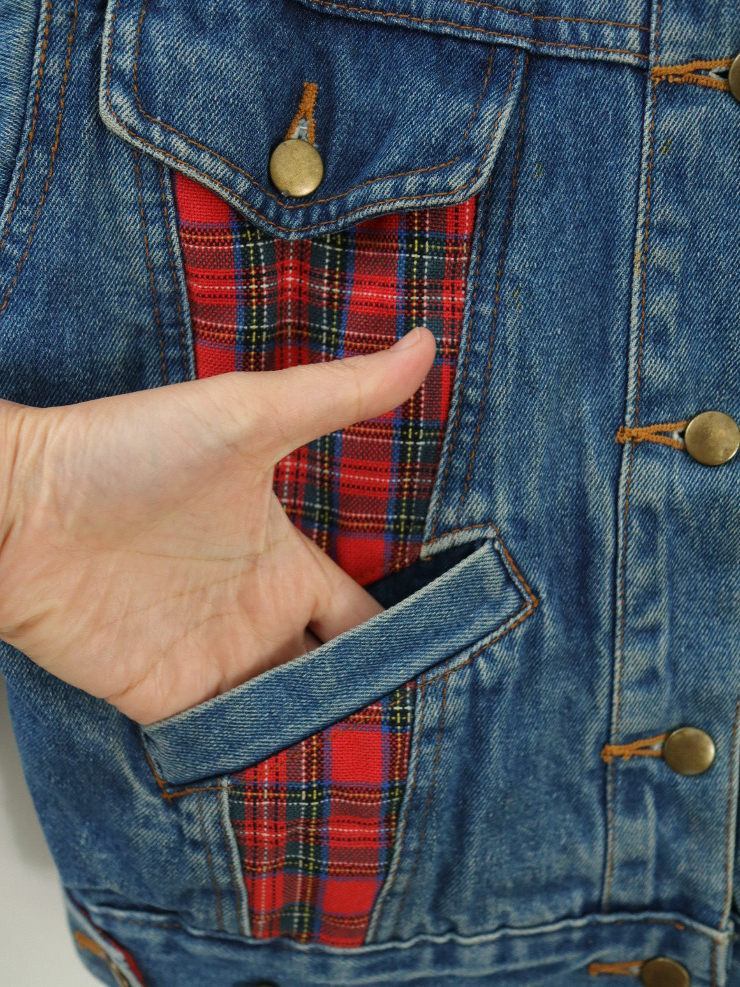 Vintage Denim & Red Plaid Oversized Jacket / Size 8-10Y+
