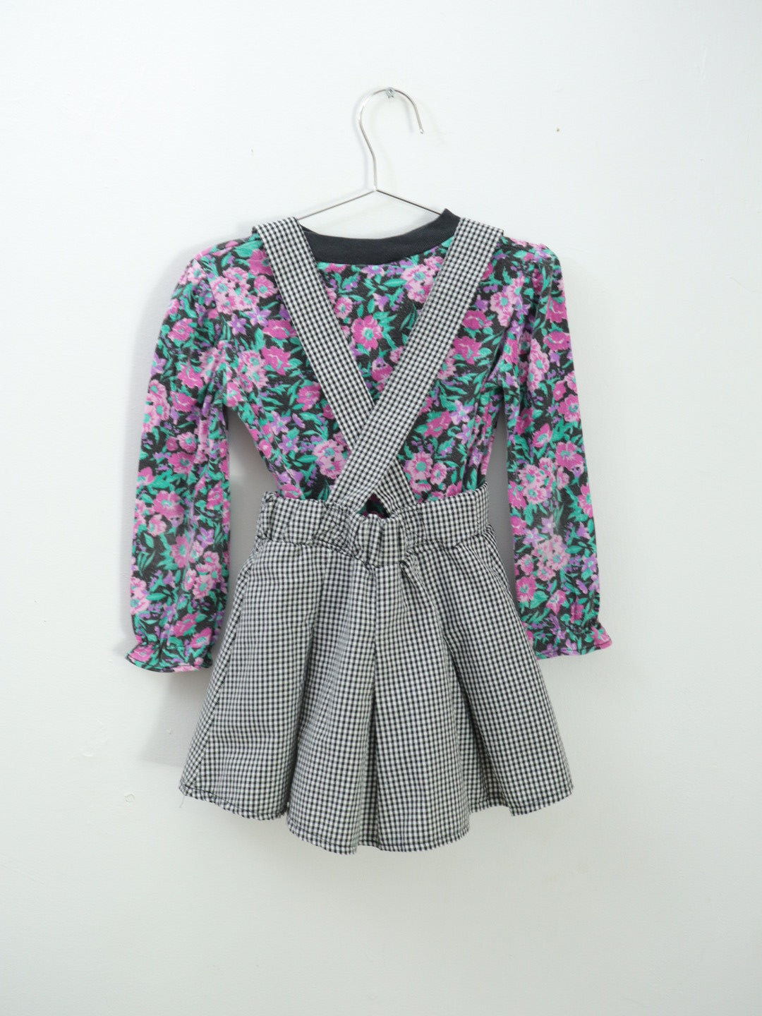 Vintage Black Plaid Suspender Skirt + Floral Top Outfit SET / 4-5Y