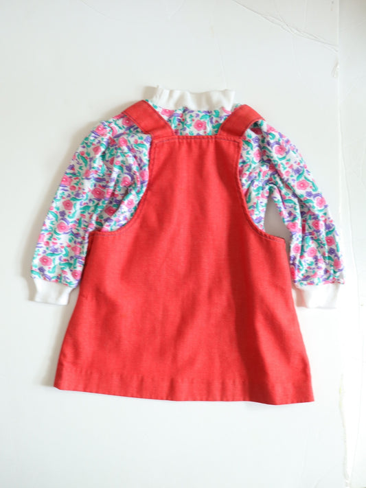 Vintage Buster Brown Red Overall Dress + Floral Top Outfit SET / 18-24M