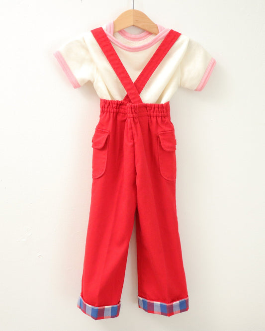 Vintage baby red suspender pants plaid lining with pockets / Size 12-18M