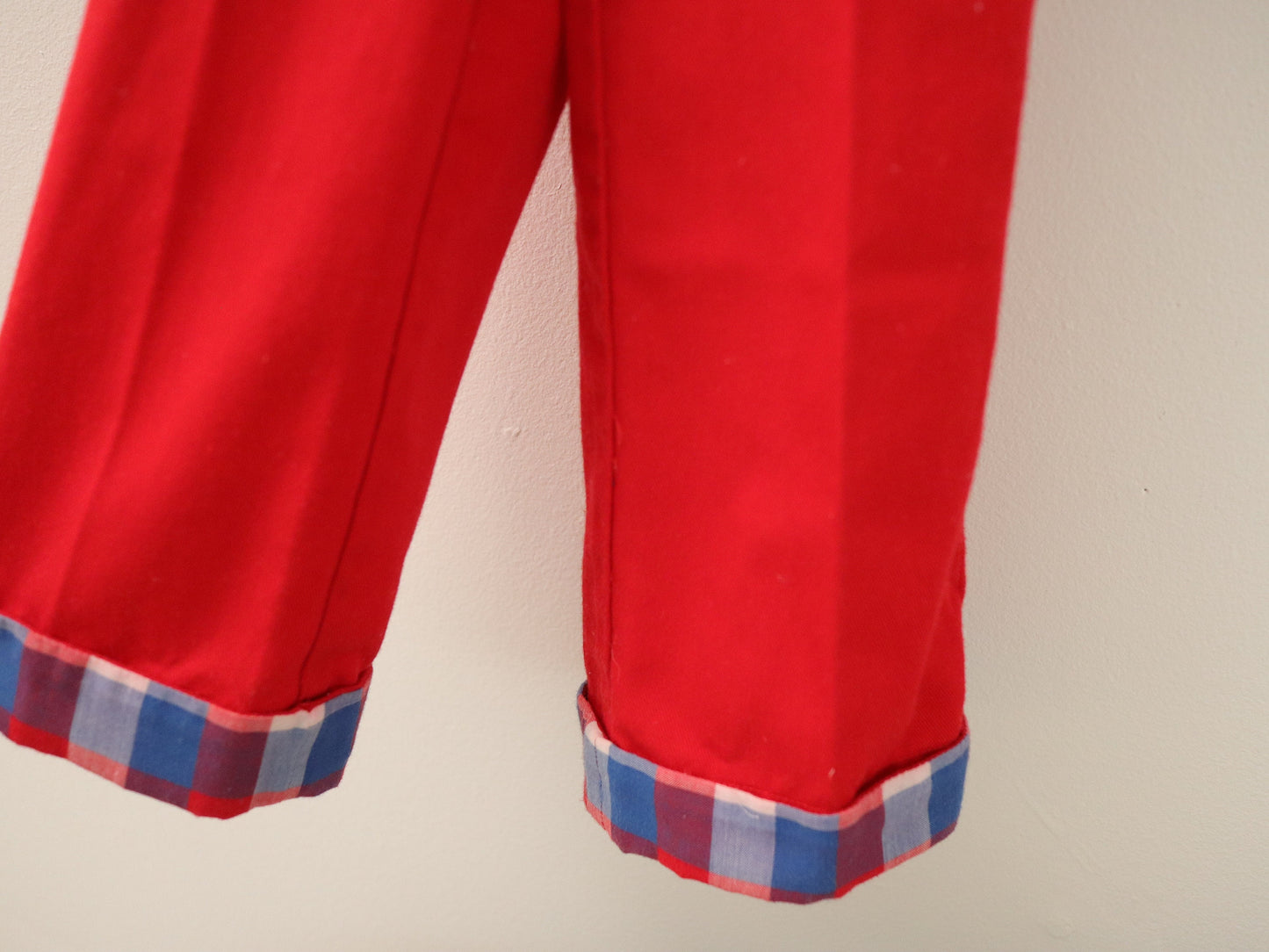Vintage baby red suspender pants plaid lining with pockets / Size 12-18M