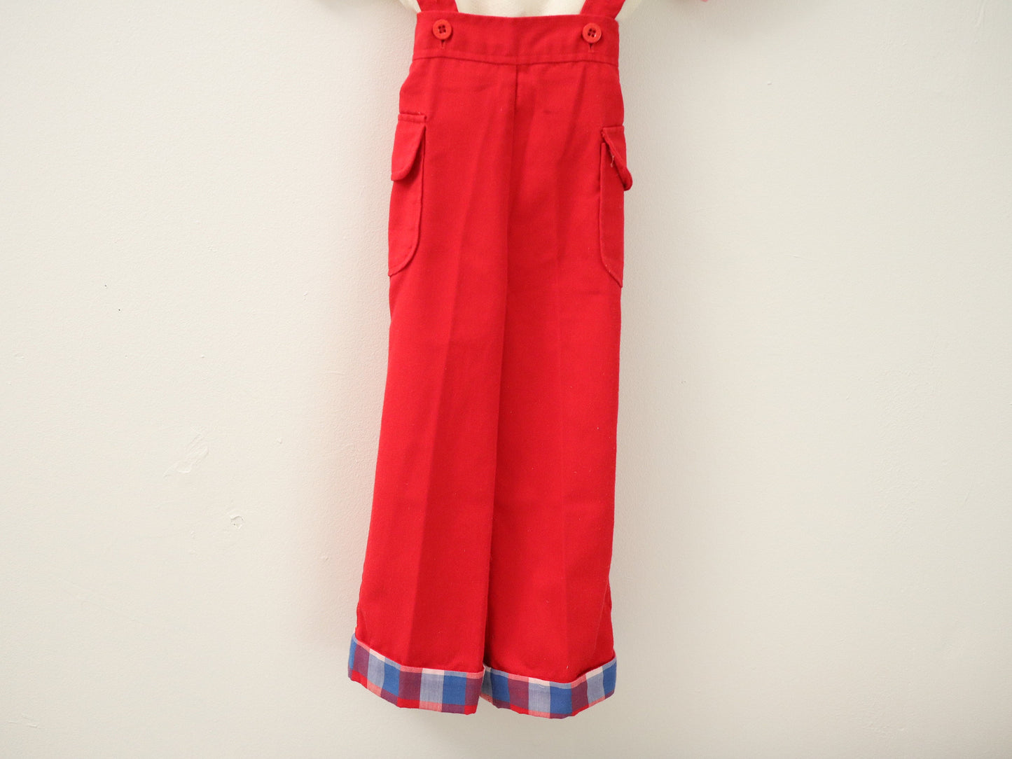 Vintage baby red suspender pants plaid lining with pockets / Size 12-18M