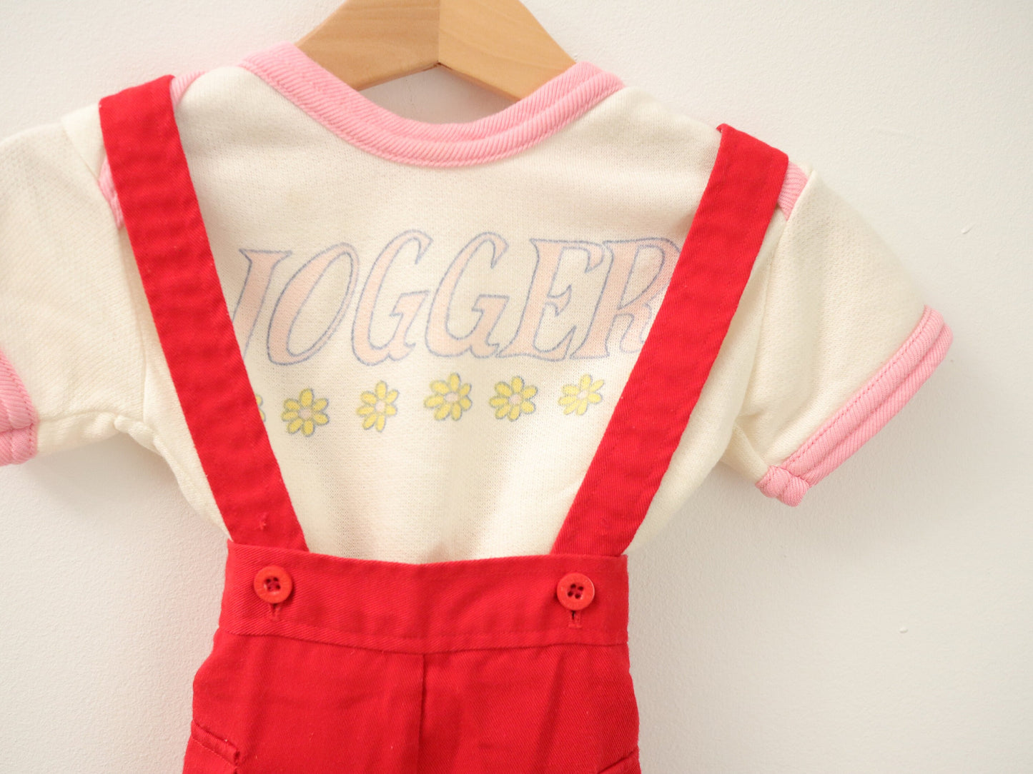 Vintage baby red suspender pants plaid lining with pockets / Size 12-18M