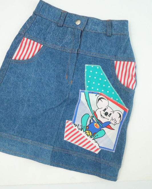 Vintage Kids Girl Super Mouse Denim Patchwork Skirt / Made in Australia / Size 6-8Y