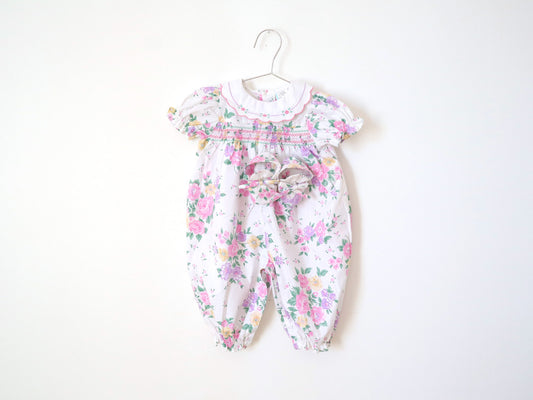 Vintage Baby White & Pink Floral Rompers + Shoes SET / 6-9M