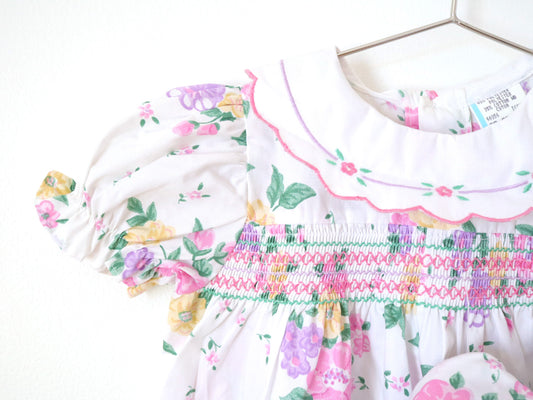 Vintage Baby White & Pink Floral Rompers + Shoes SET / 6-9M