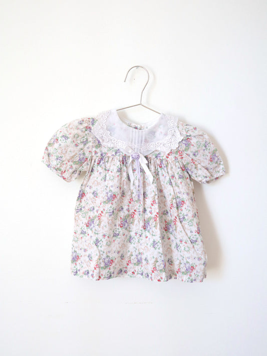 Vintage Lace Collar Beige Floral Dress Top / 9-12M