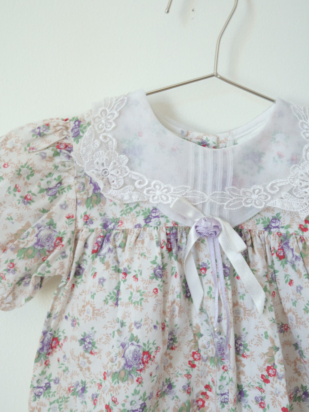 Vintage Lace Collar Beige Floral Dress Top / 9-12M