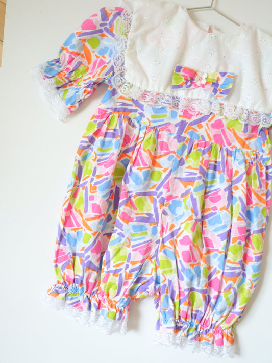 Vintage Big Collar Neon Printed Short Rompers / 3-4Y