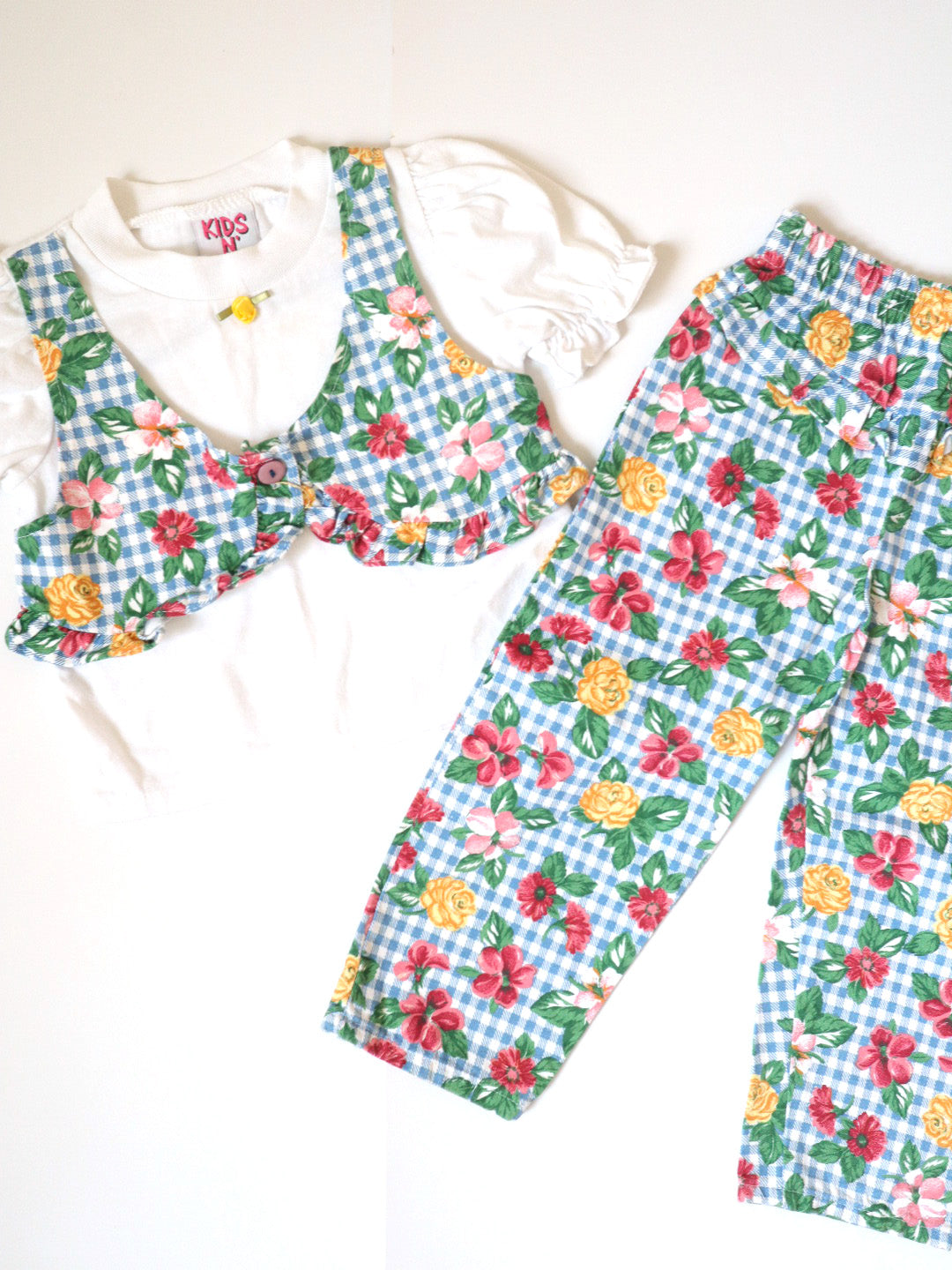 Vintage Blue Plaid Floral Printed T-Shirt + Pants Outfit SET / 3T