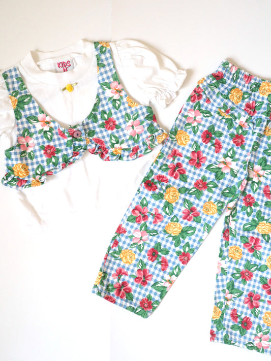 Vintage Blue Plaid Floral Printed T-Shirt + Pants Outfit SET / 3T