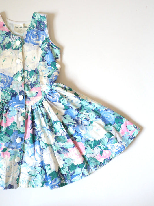 Vintage Blue Floral Cotton Dress / 3-4Y