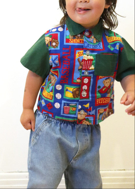 Vintage Baseball Teddy Bears Short Sleeve Shirt / 18-24M