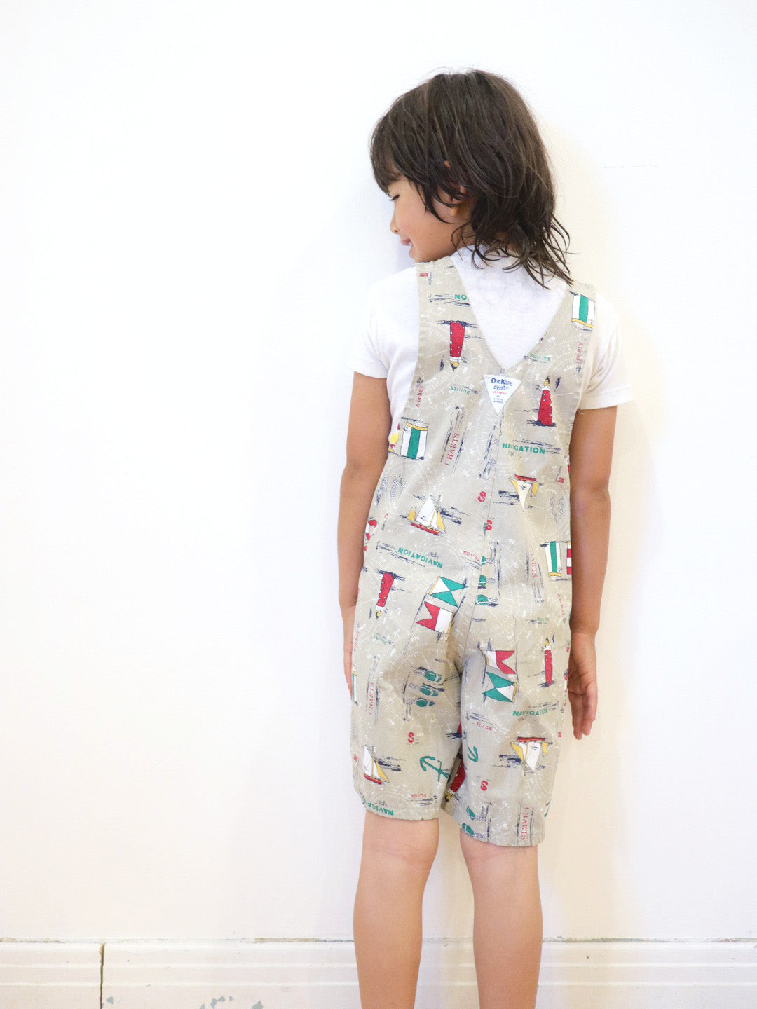 Vintage OSHKOSH Sailboat Printed Short Overall / 6Y+