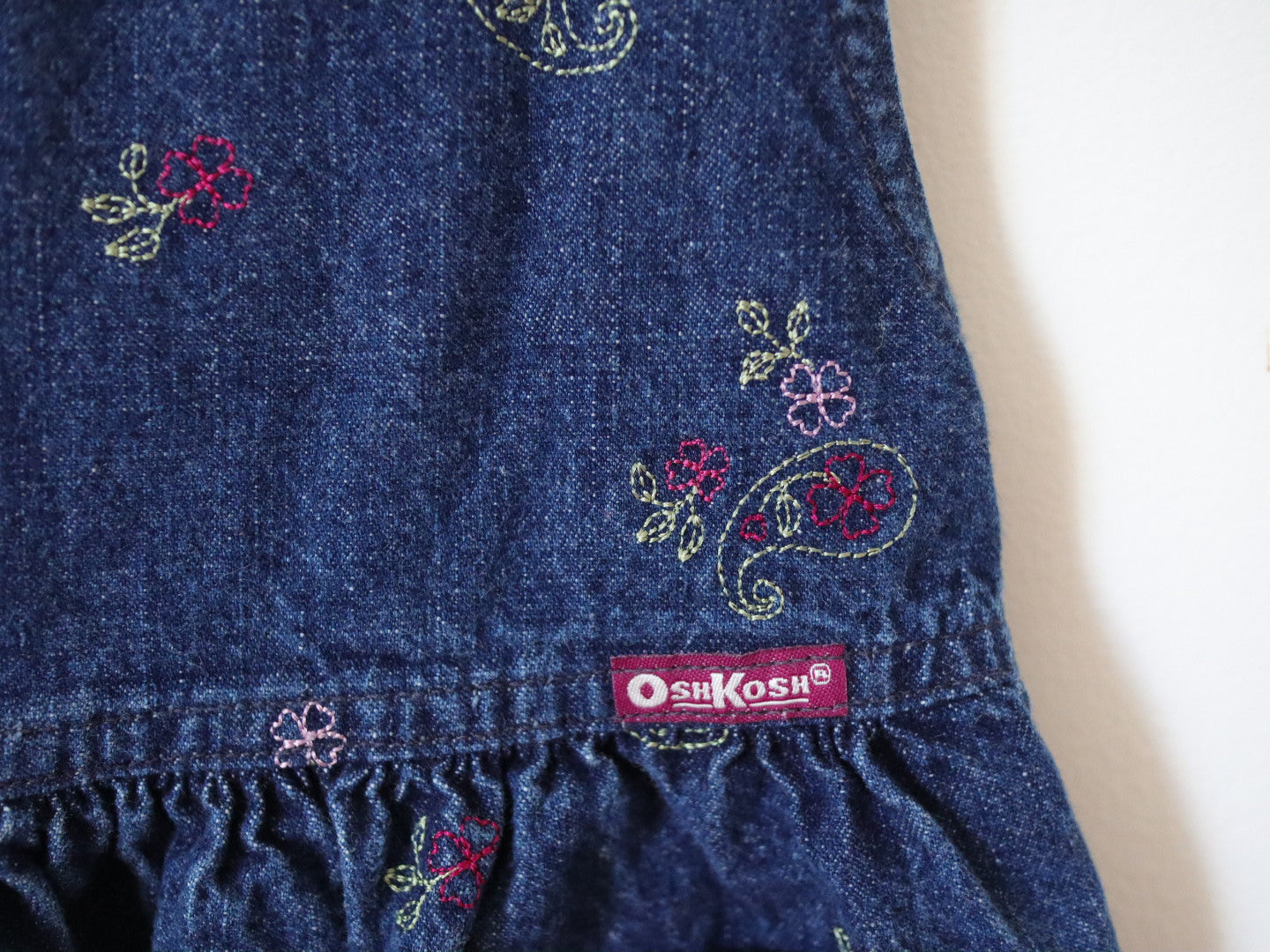 Vintage OSHKOSH Floral Embroidered Denim Dress / 2-3T