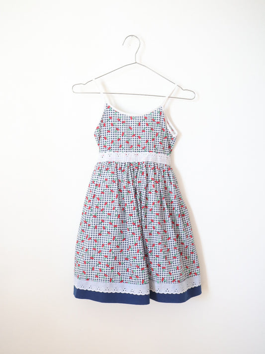 Vintage Cherry Gingham Printed Summer Dress / 4-5Y