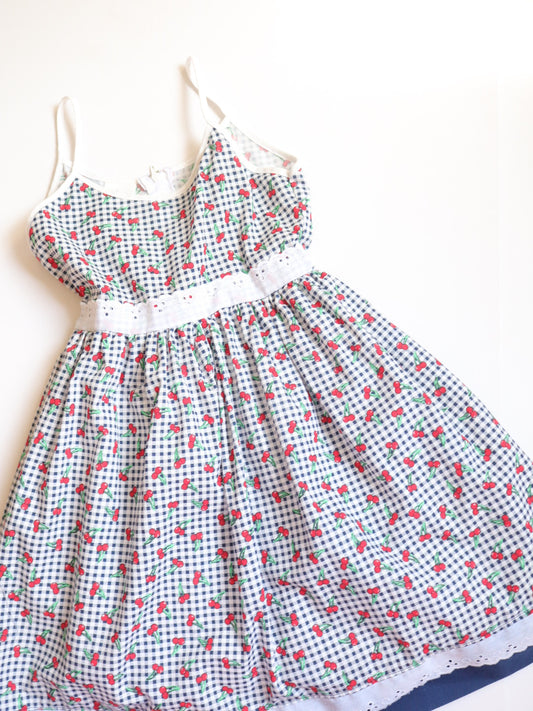 Vintage Cherry Gingham Printed Summer Dress / 4-5Y