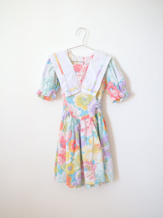 Vintage Big Collar Floral Midi Dress / 6-8Y