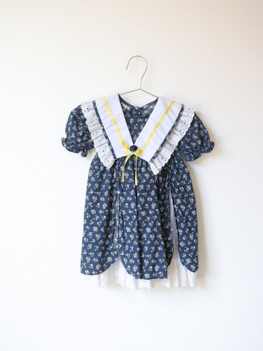Vintage Big Collar Cotton Navy Floral Cotton Dress / 24M