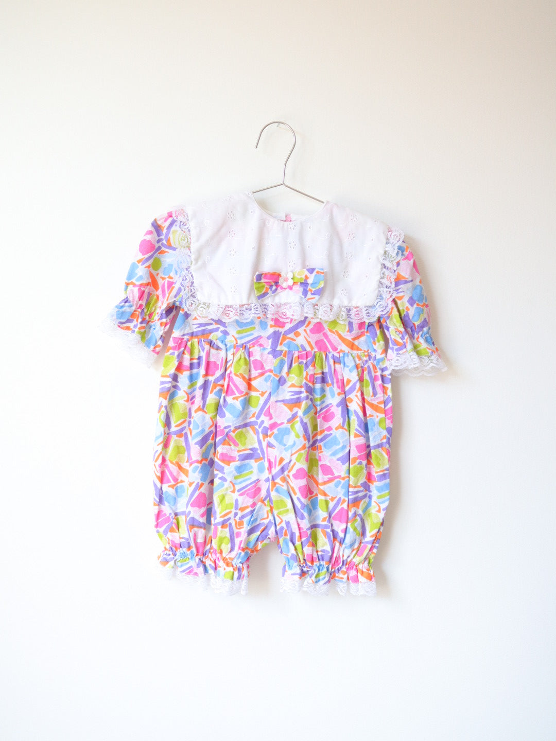 Vintage Big Collar Neon Printed Short Rompers / 3-4Y