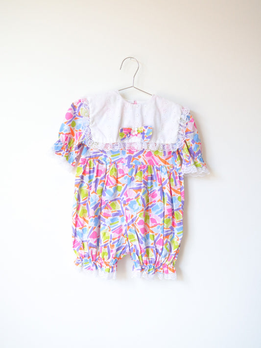 Vintage Big Collar Neon Printed Short Rompers / 3-4Y