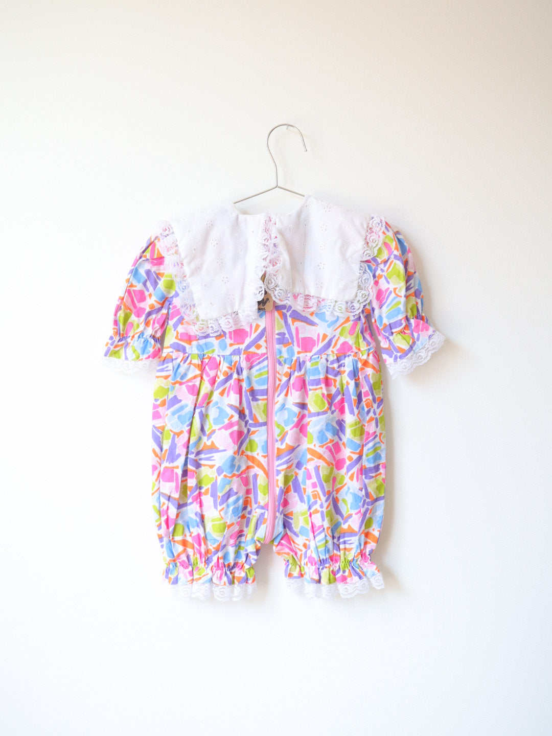Vintage Big Collar Neon Printed Short Rompers / 3-4Y