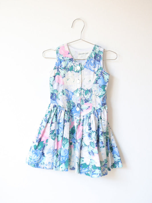 Vintage Blue Floral Cotton Dress / 3-4Y